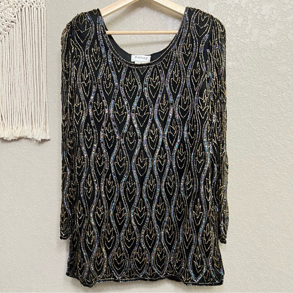 Vintage Sténay women sz M Gold Embellished Top silk beats sequin holiday